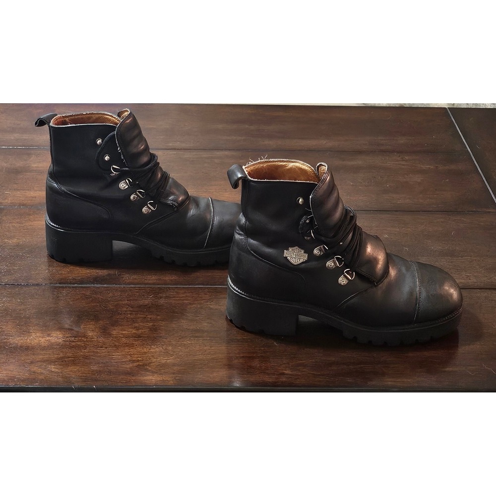 Harley Davidson Womens Black Leather Biker Boots Lace Up Cap Toe Lug Sole Size 8
